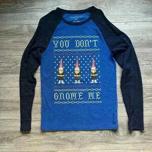 Aeropostale Men’s Gnome Holiday Christmas Blue long Sleeve Baseball T Size M